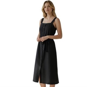 Everlane Classic Black Button Midi Dress with Belt and Pockets